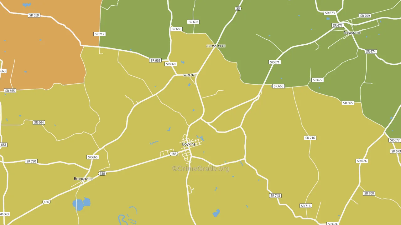 Boykins, VA Map of Vehicle Theft Rates