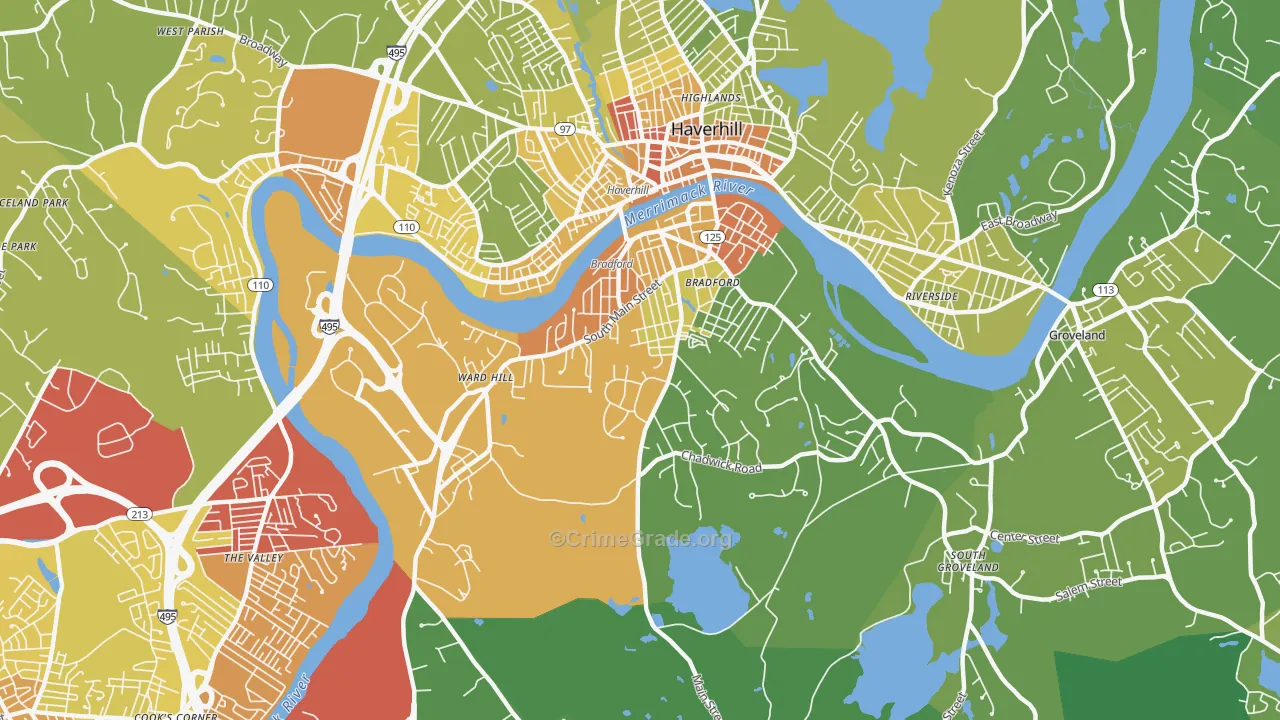 Bradford, Haverhill, MA Map of Vehicle Theft Rates