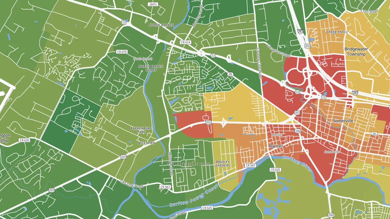 Bradley Gardens, NJ Map of Vehicle Theft Rates