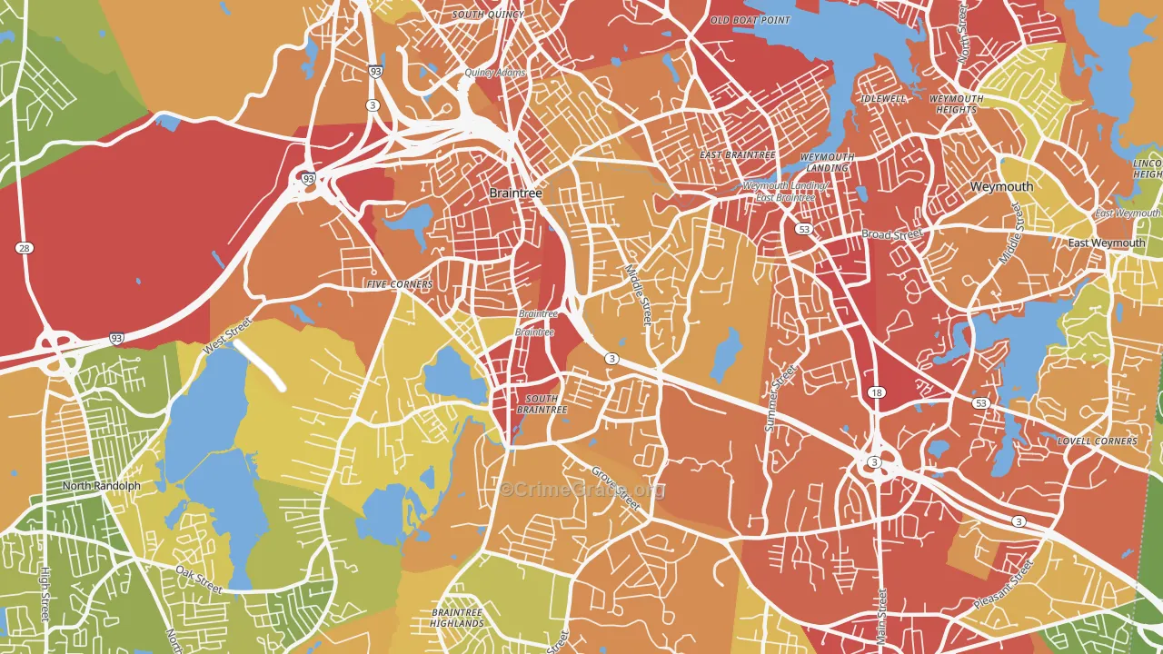 Braintree Town, MA Map of Vehicle Theft Rates