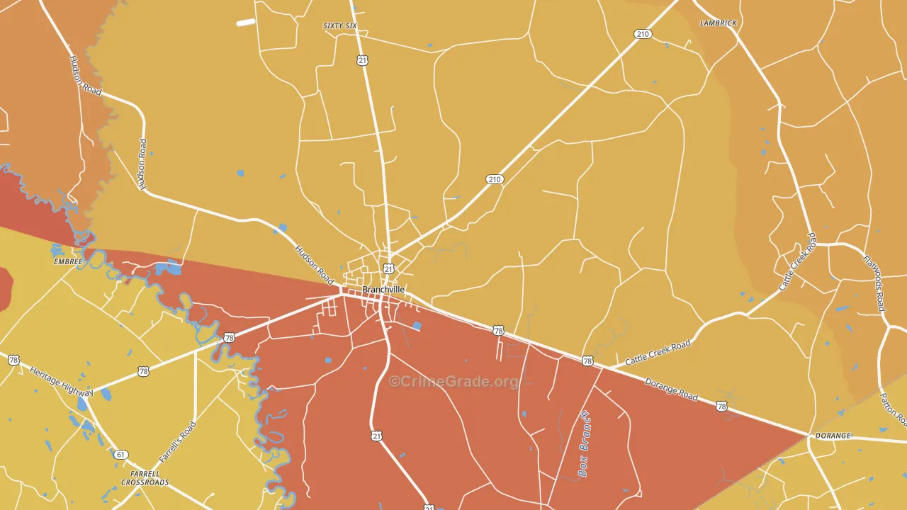 Branchville, SC Map of Vehicle Theft Rates