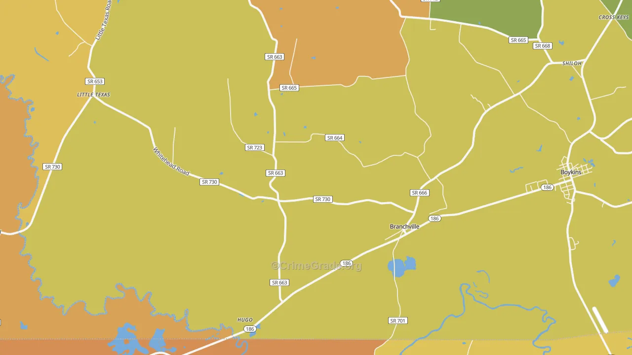 Branchville, VA Map of Vehicle Theft Rates