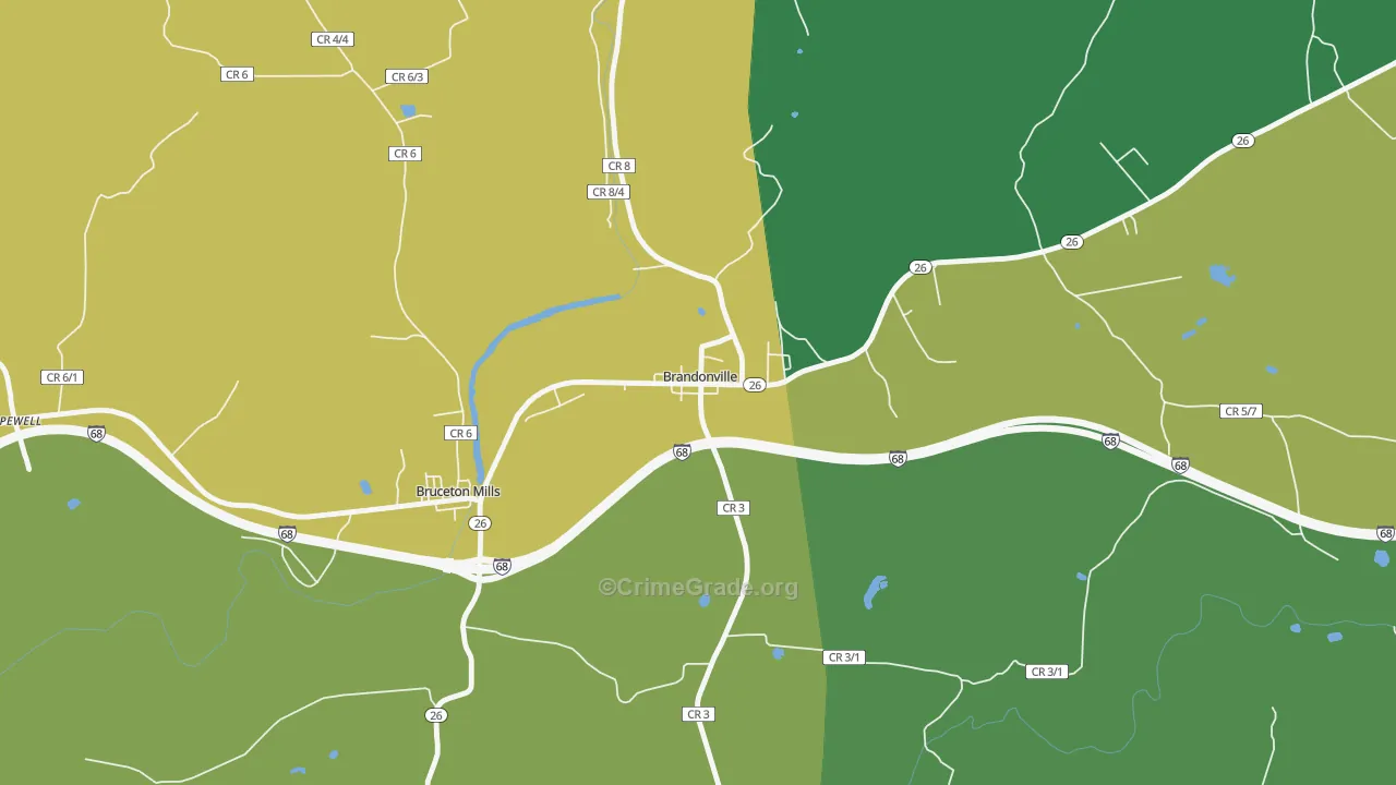 Brandonville, WV Map of Vehicle Theft Rates