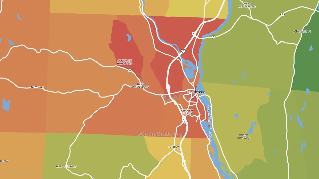Brattleboro, VT Map of Vehicle Theft Rates