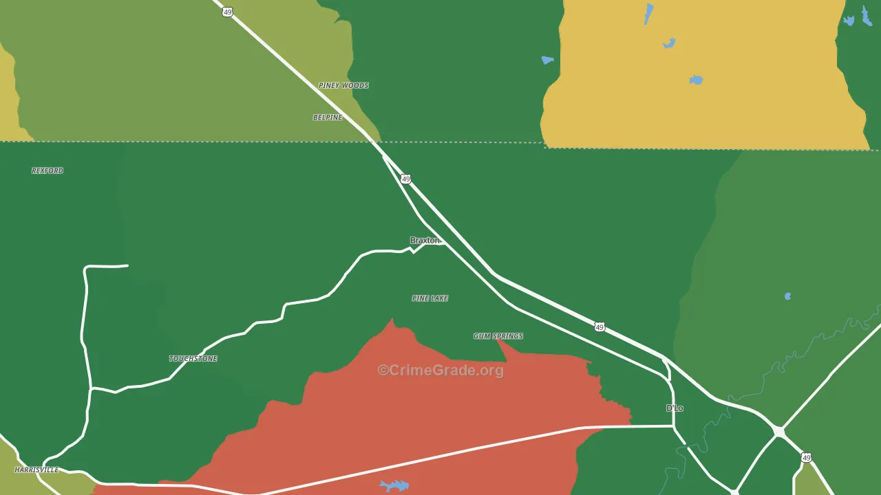 Braxton, MS Map of Vehicle Theft Rates