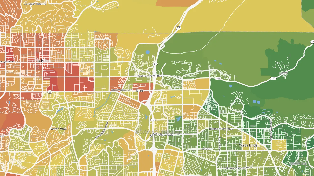 Brea-Olinda, Brea, CA Map of Vehicle Theft Rates