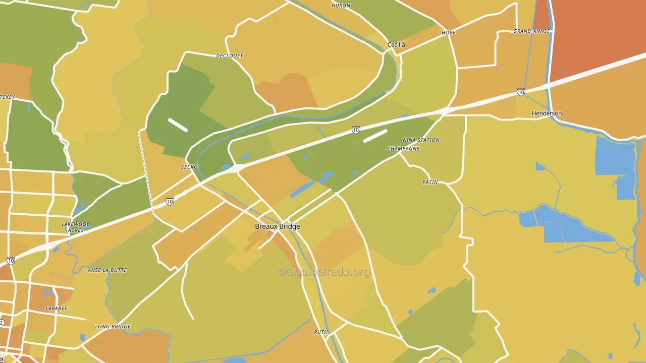 Breaux Bridge, LA Map of Vehicle Theft Rates