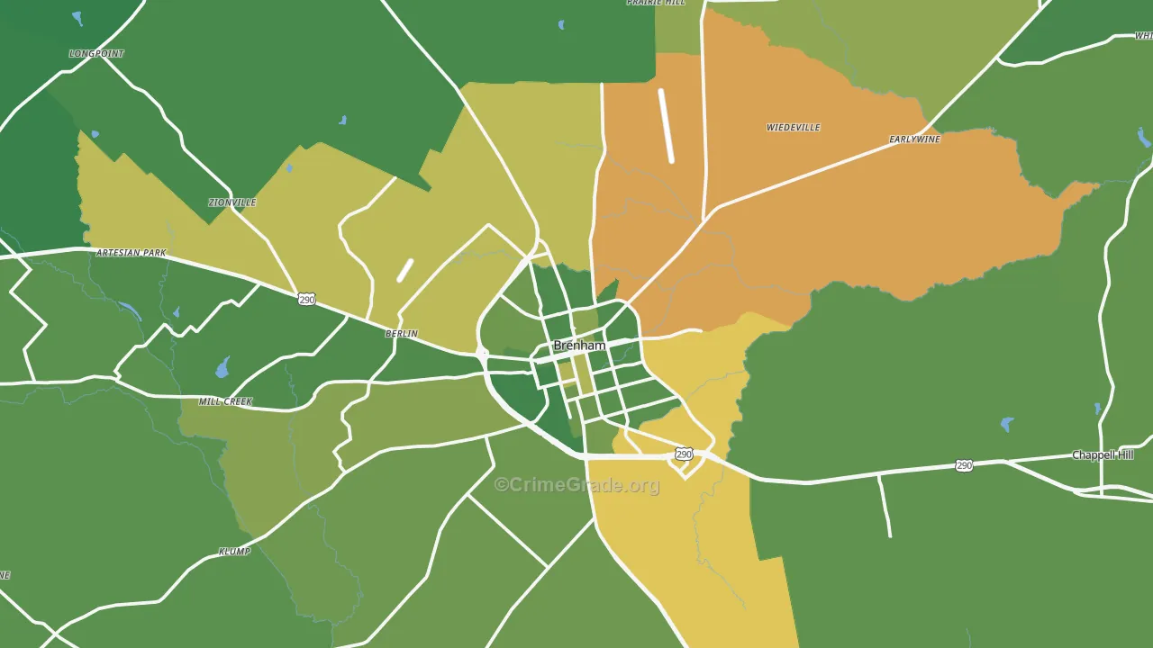 Brenham, TX Map of Vehicle Theft Rates