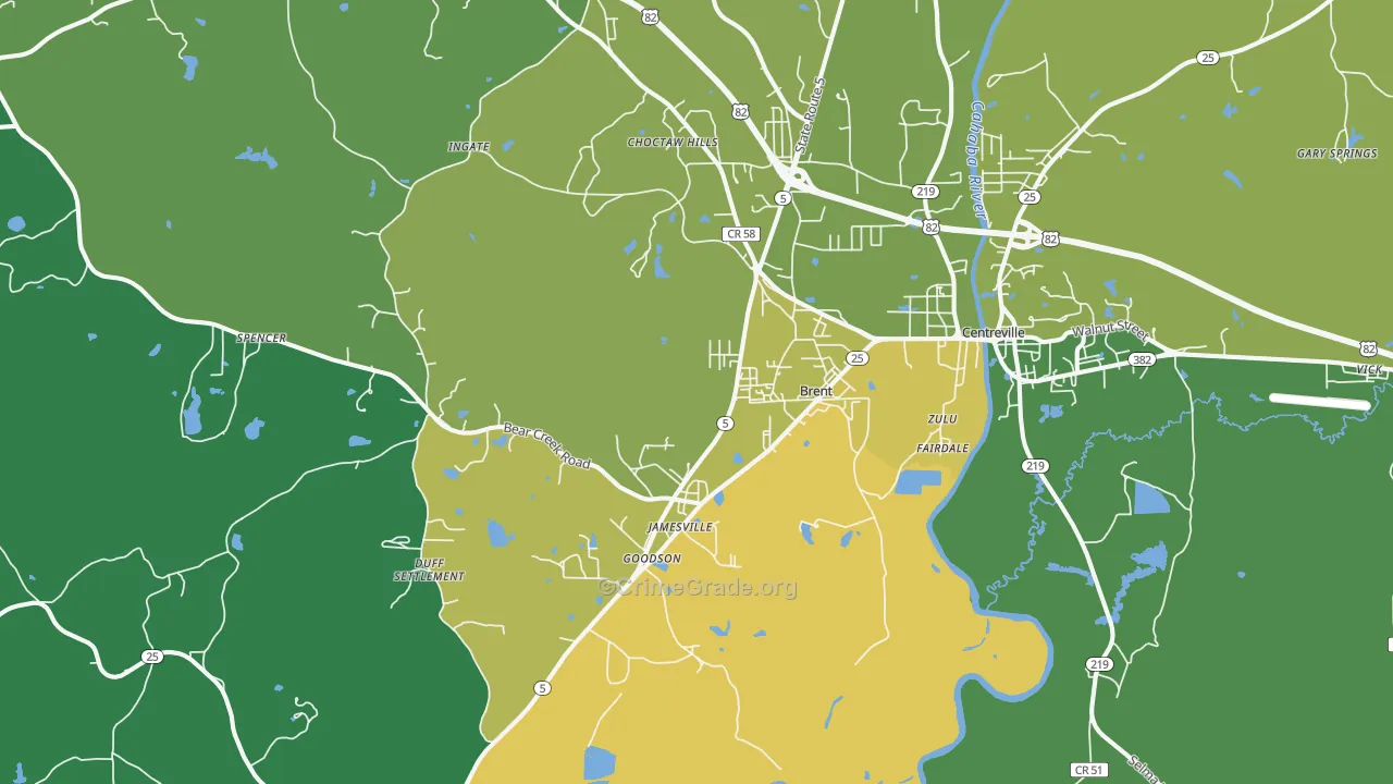 Brent, AL Map of Vehicle Theft Rates