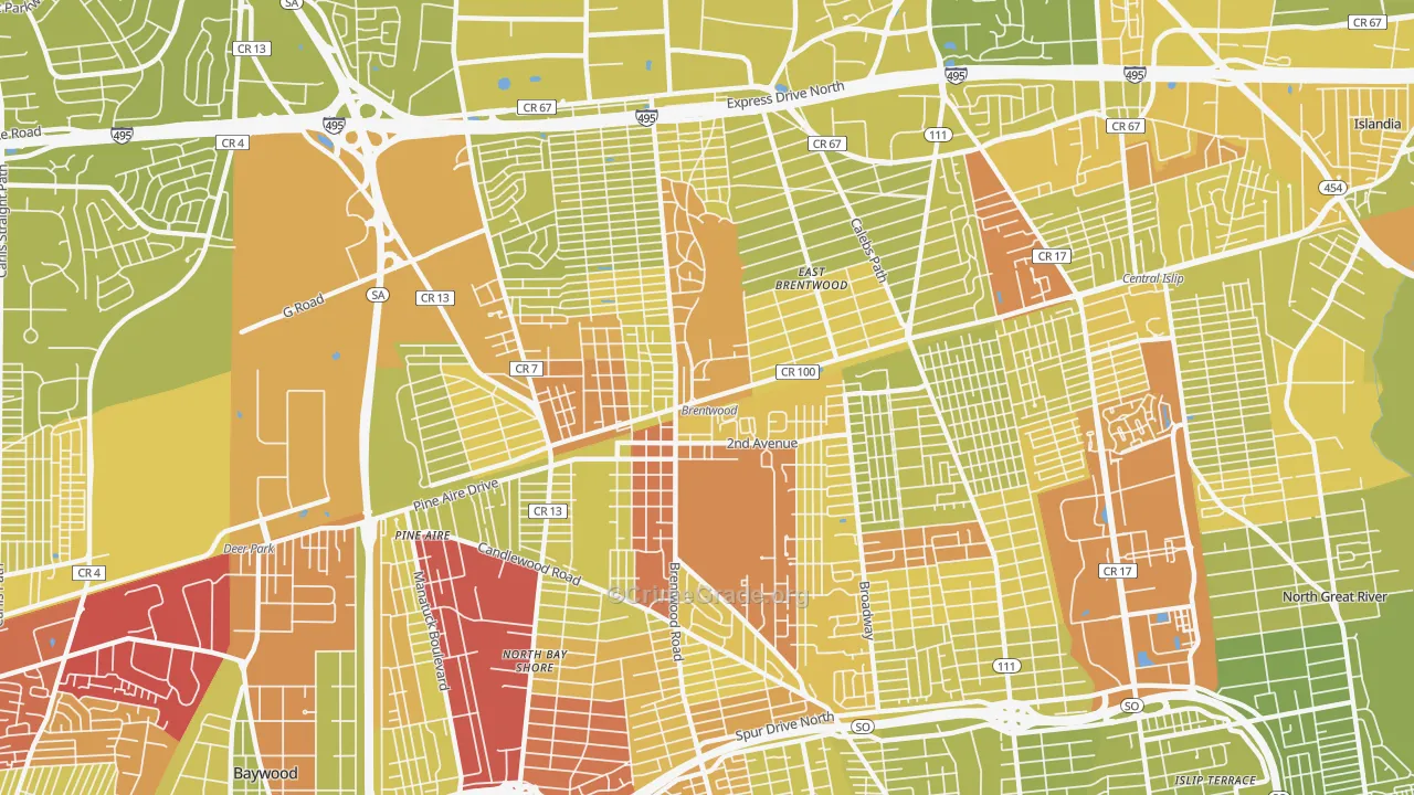 Brentwood, NY Map of Vehicle Theft Rates