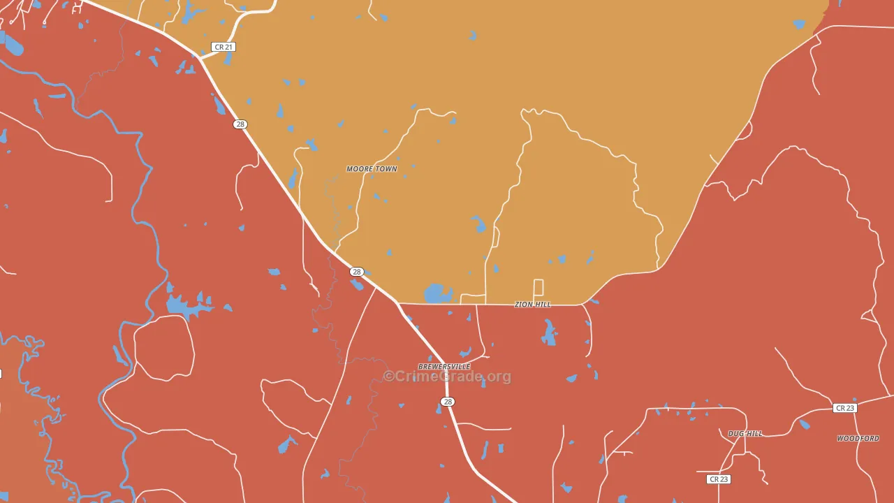 Brewersville, AL Map of Vehicle Theft Rates