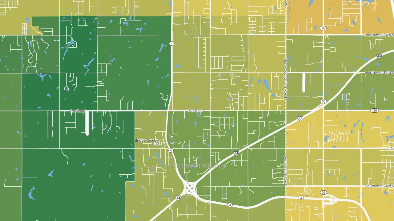 Bridge Creek, OK Map of Vehicle Theft Rates