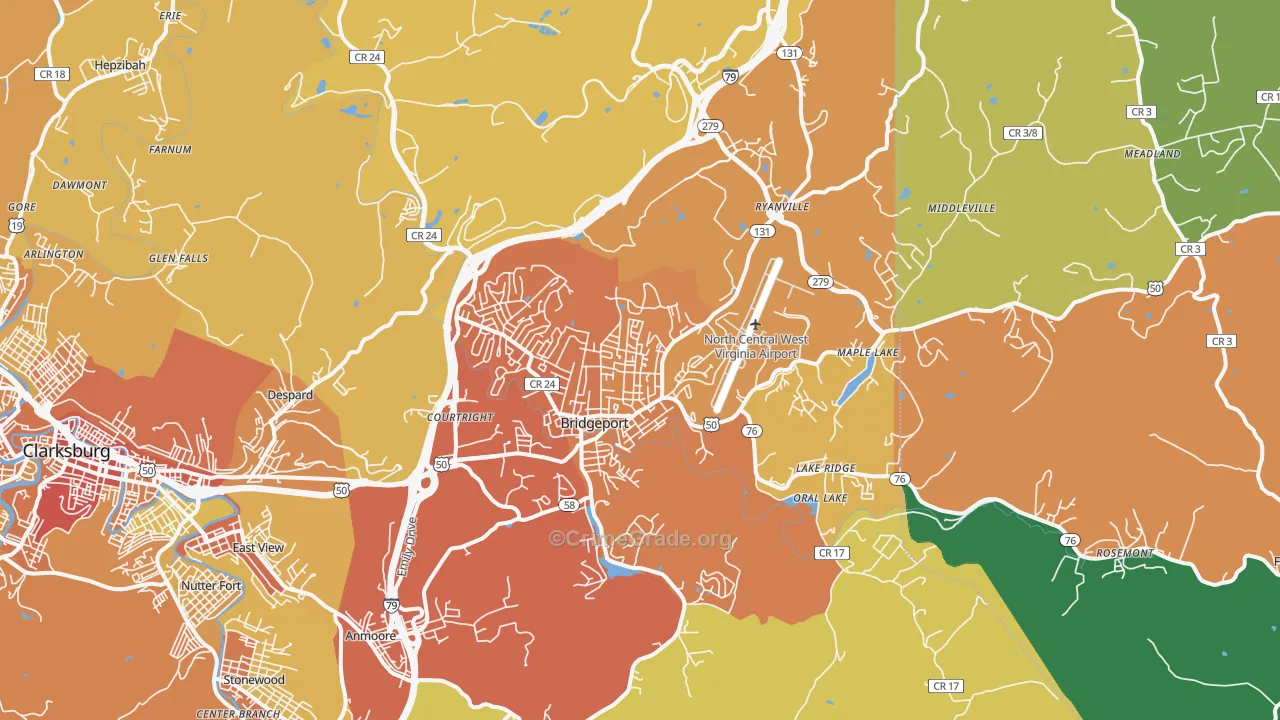 Bridgeport, WV Map of Vehicle Theft Rates