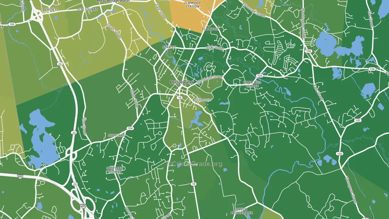 Bridgewater, MA Map of Vehicle Theft Rates