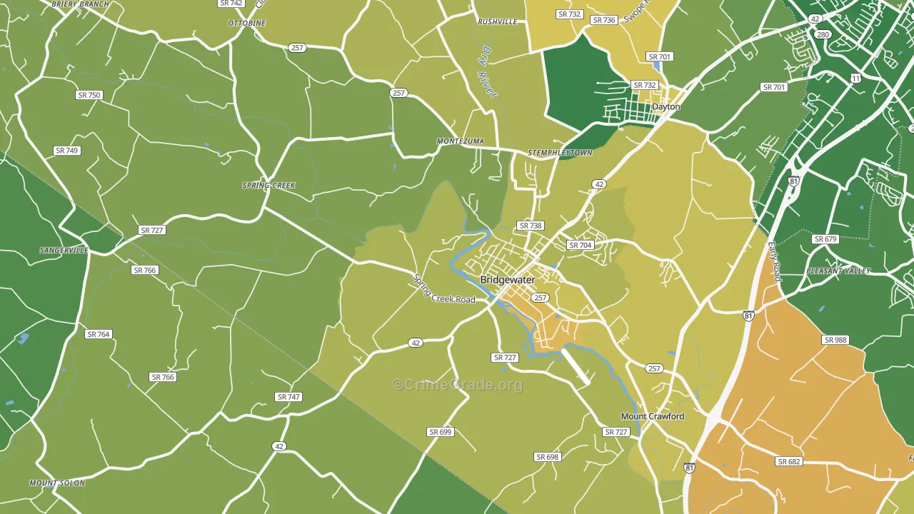 Bridgewater, VA Map of Vehicle Theft Rates