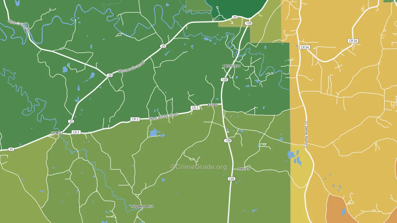 Brierfield, AL Map of Vehicle Theft Rates