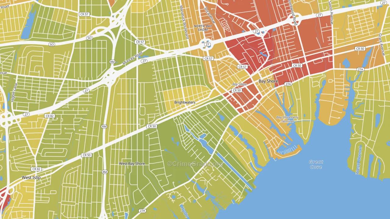 Brightwaters, NY Map of Vehicle Theft Rates