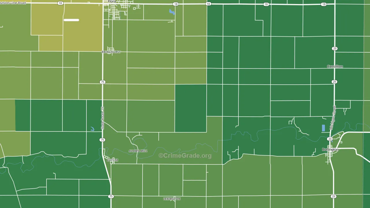 Bringhurst, IN Map of Vehicle Theft Rates