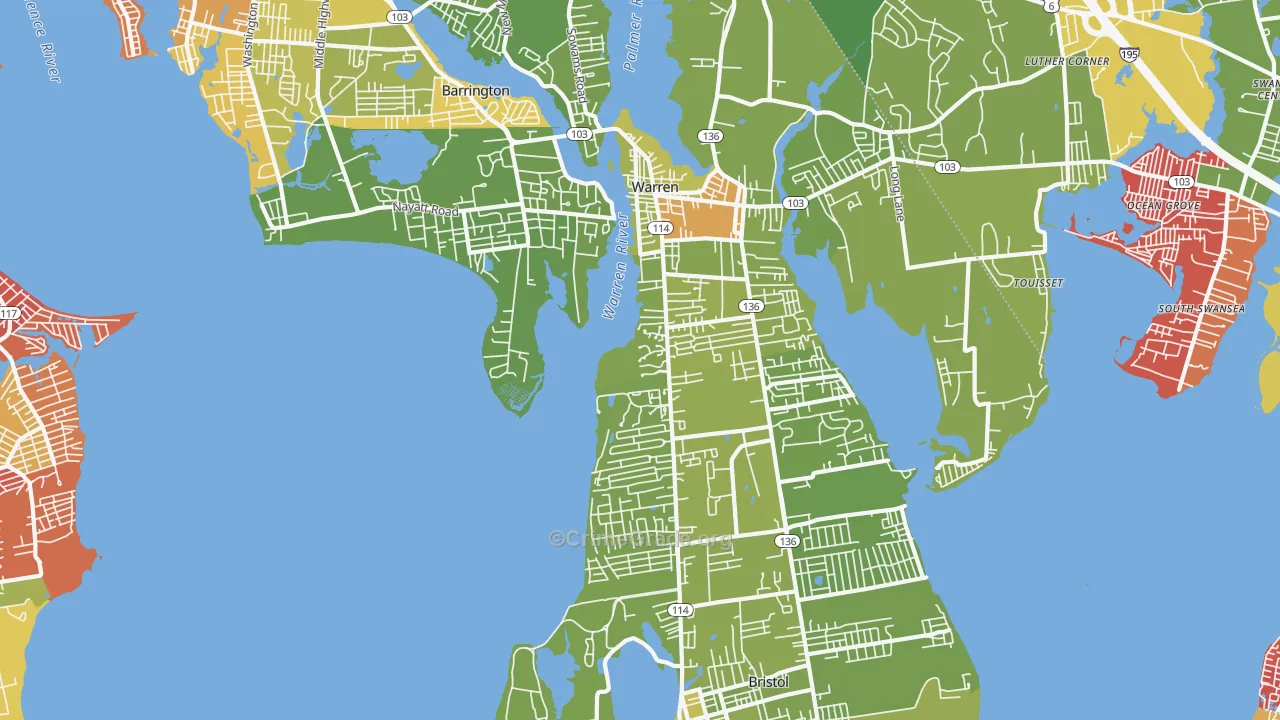 Bristol County, RI Map of Vehicle Theft Rates