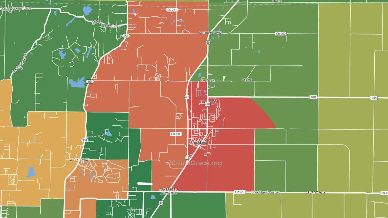 Brookland, AR Map of Vehicle Theft Rates