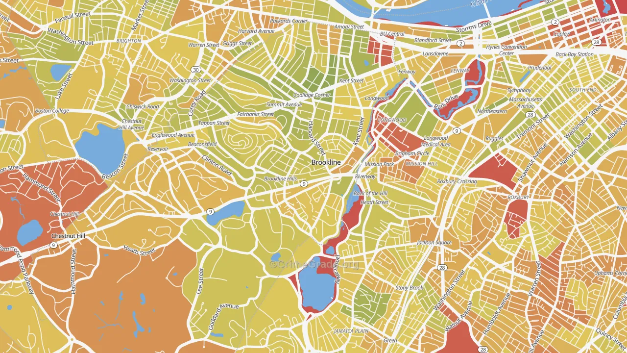 Brookline Village, Brookline, MA Map of Vehicle Theft Rates