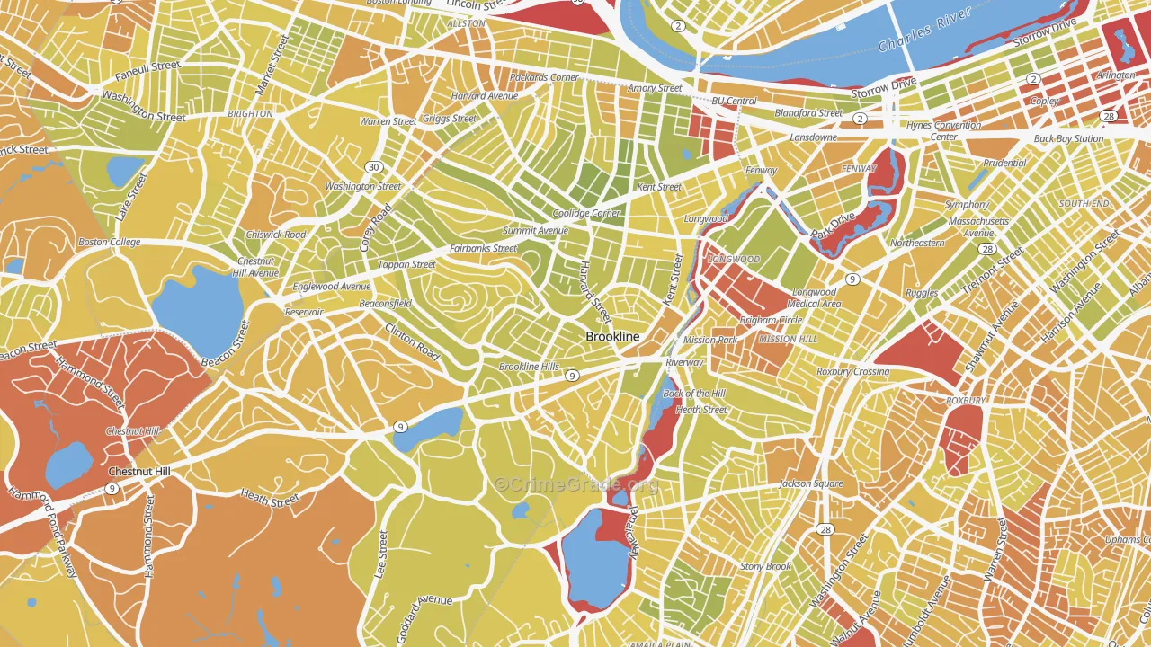 Brookline Village Commercial District, Brookline, MA Map of Vehicle Theft Rates