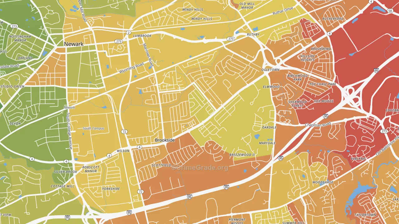 Brookside, DE Map of Vehicle Theft Rates