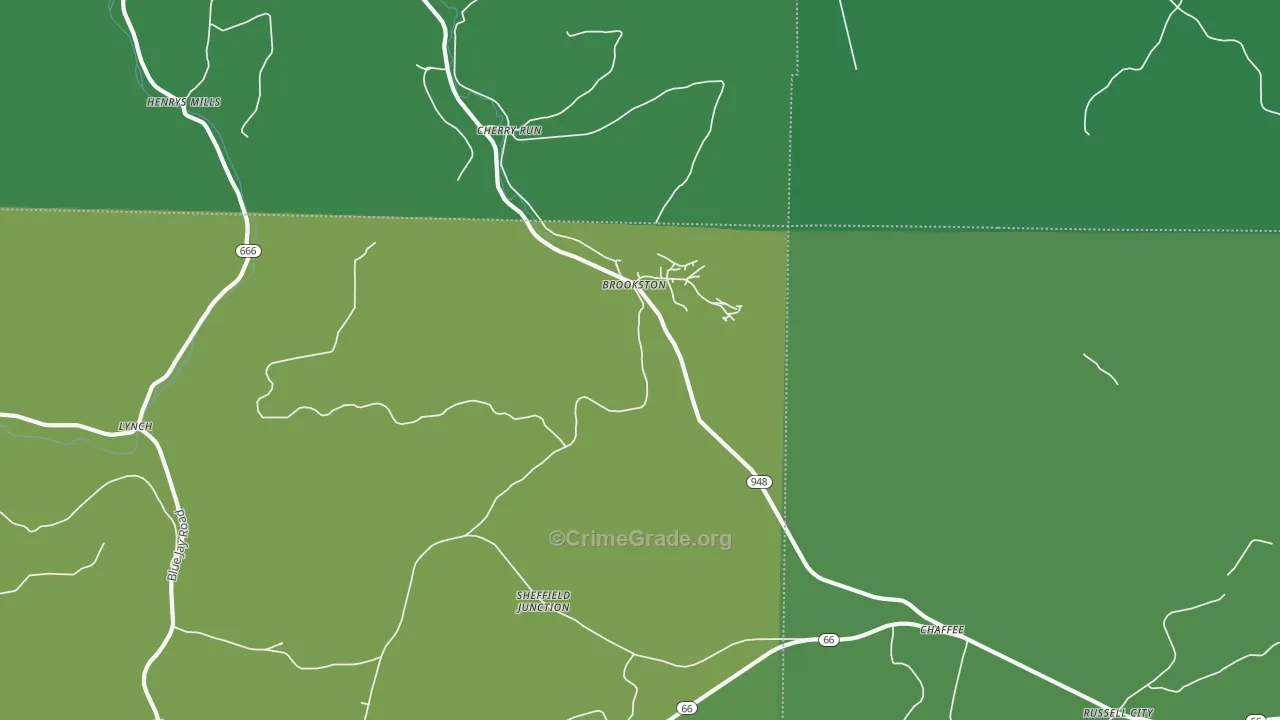 Brookston, PA Map of Vehicle Theft Rates
