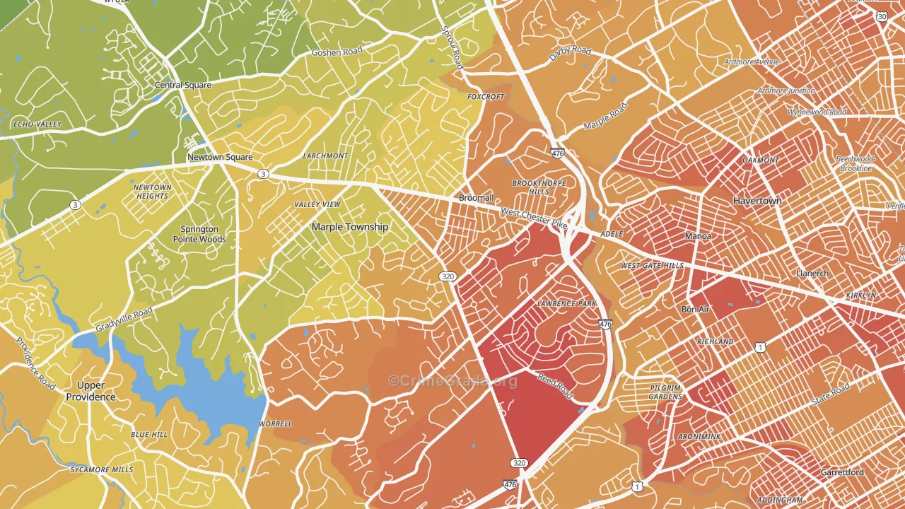 Broomall, PA Map of Vehicle Theft Rates