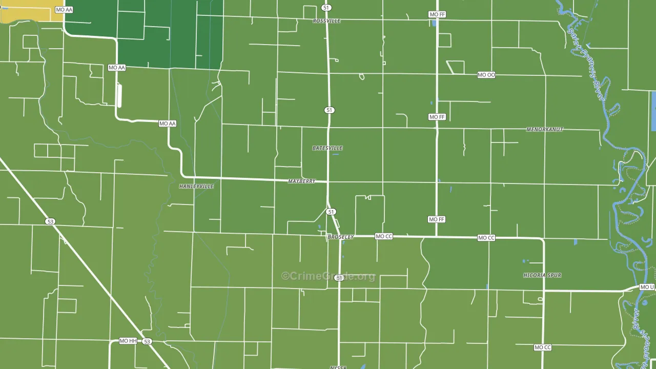 Broseley, MO Map of Vehicle Theft Rates