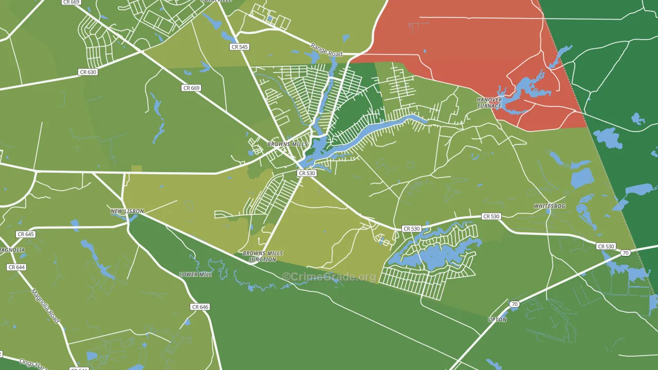 Browns Mills, NJ Map of Vehicle Theft Rates