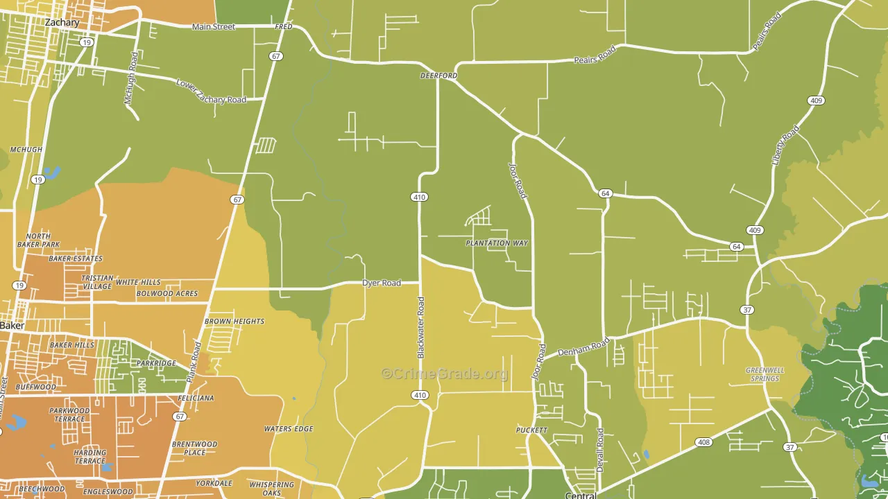Brownsfield-Central, Baton Rouge, LA Map of Vehicle Theft Rates
