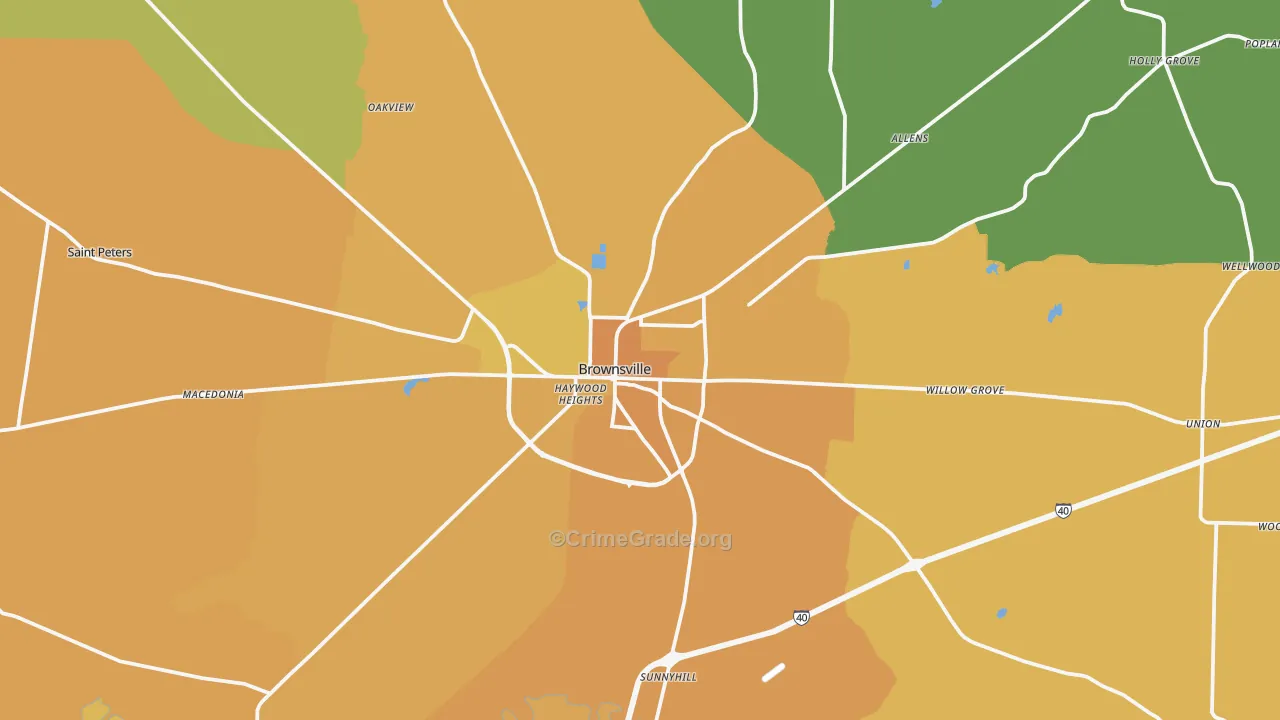 Brownsville, TN Map of Vehicle Theft Rates