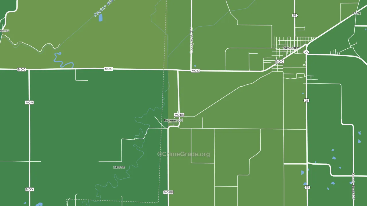 Brownwood, MO Map of Vehicle Theft Rates