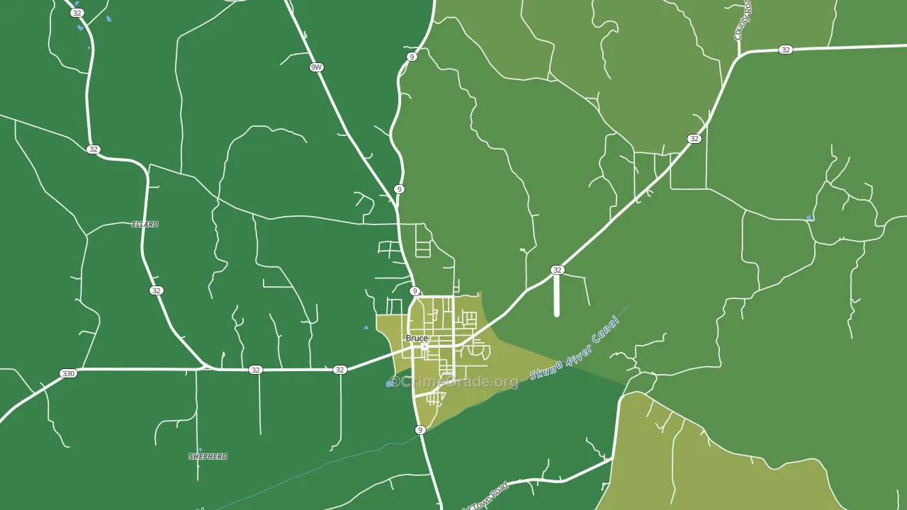 Bruce, MS Map of Vehicle Theft Rates