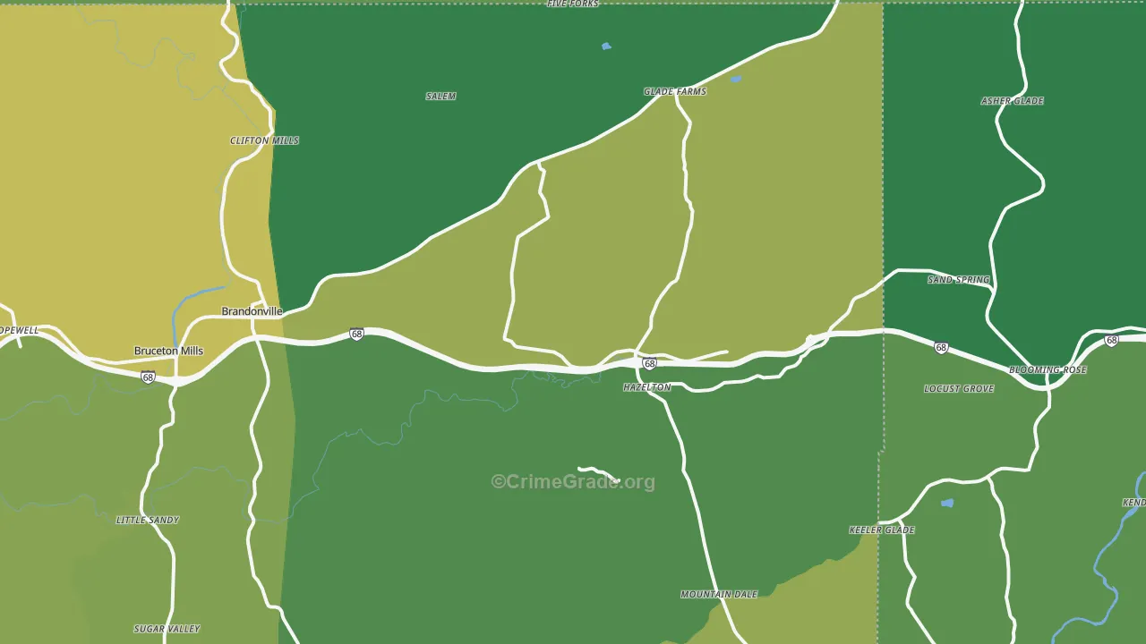Bruceton Mills, WV Map of Vehicle Theft Rates