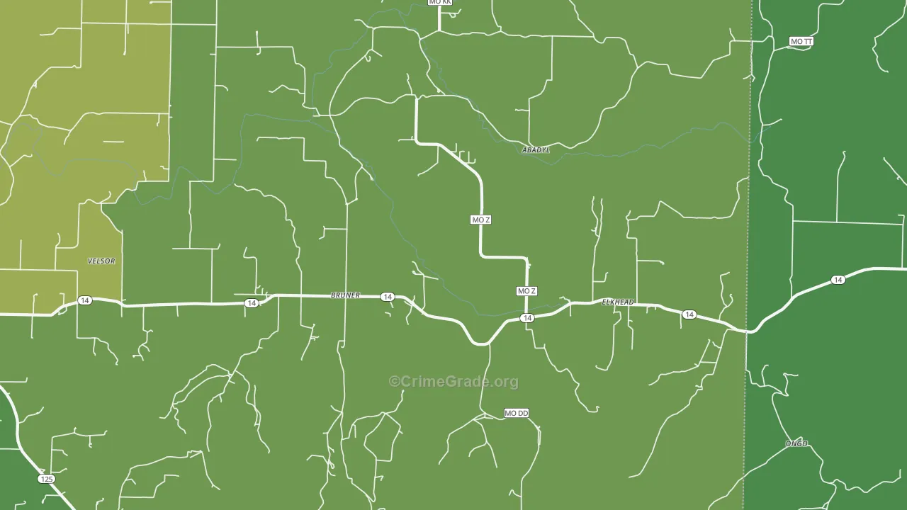 Bruner, MO Map of Vehicle Theft Rates