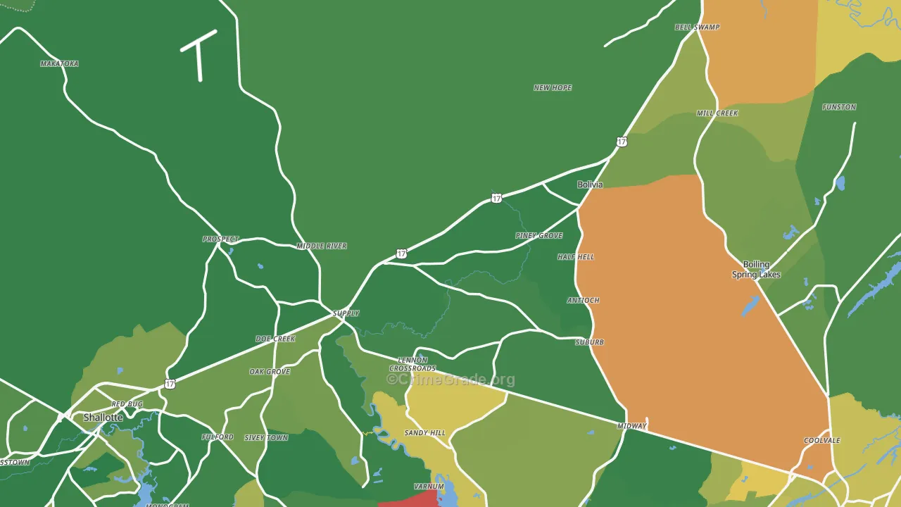 Brunswick County, NC Map of Vehicle Theft Rates
