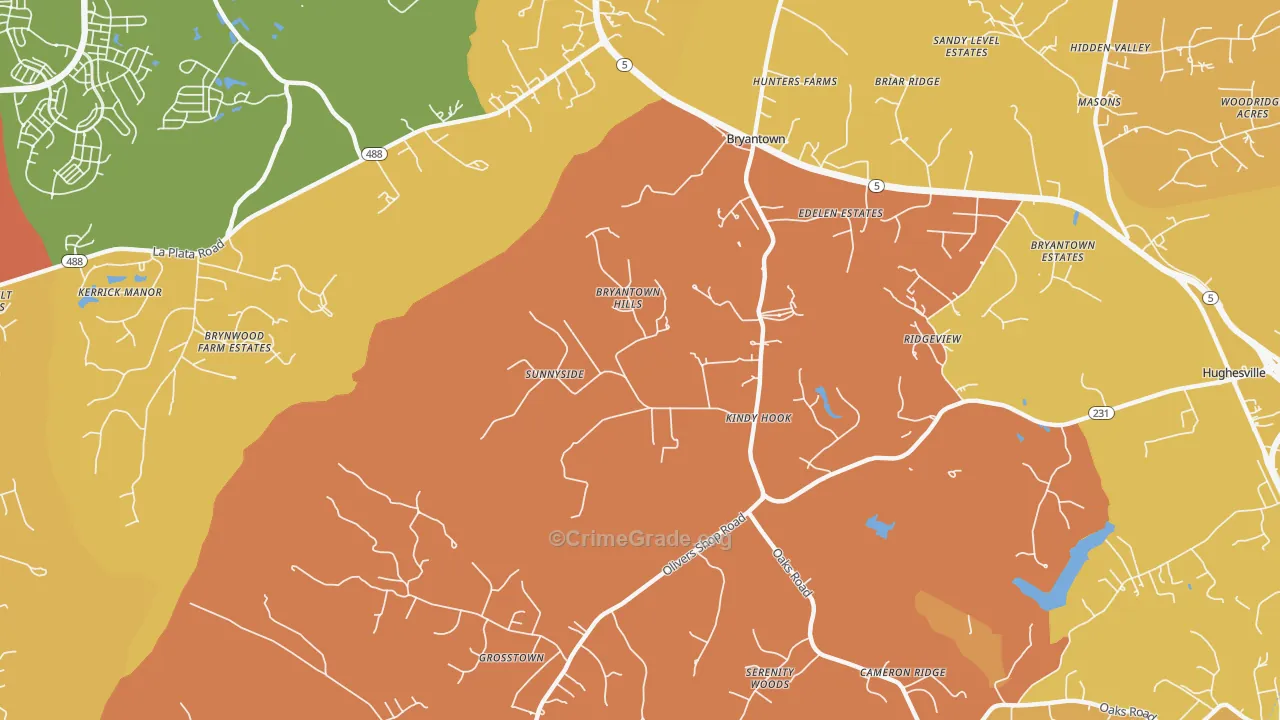 Bryantown, MD Map of Vehicle Theft Rates