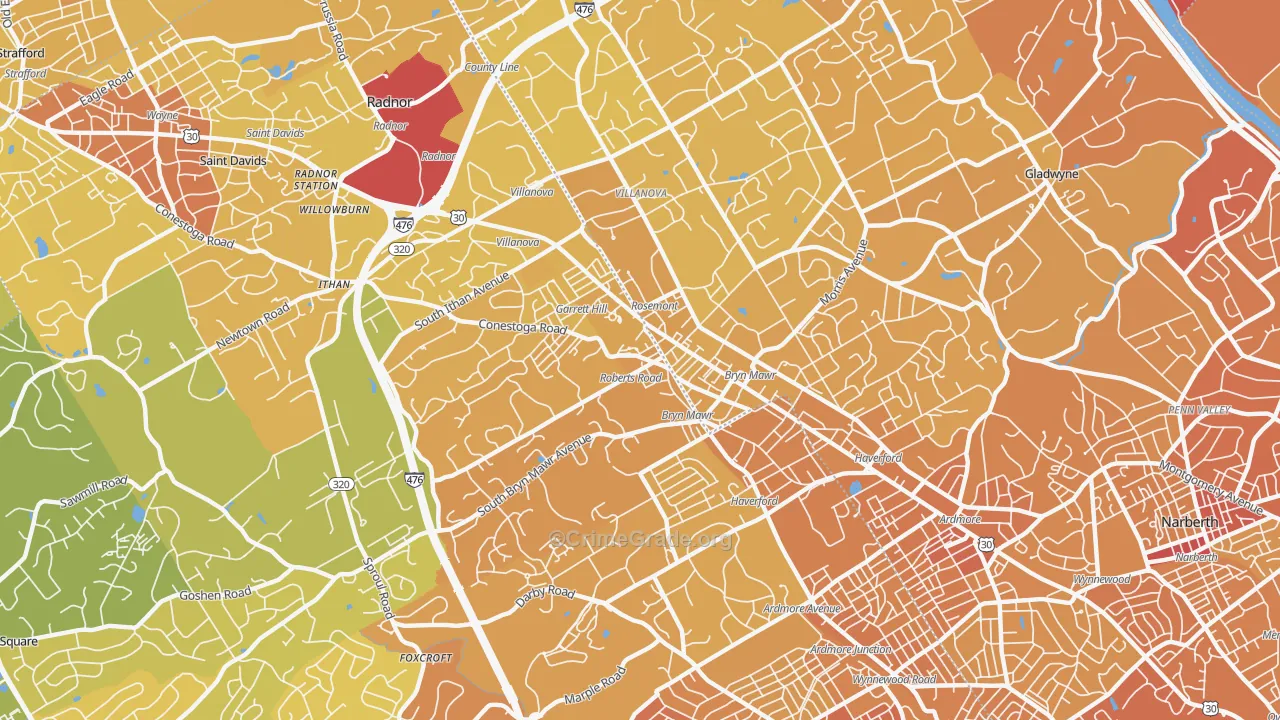Bryn Mawr, PA Map of Vehicle Theft Rates