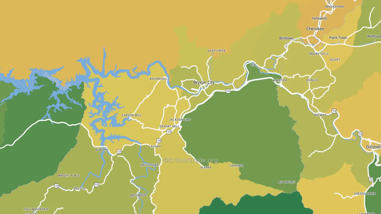 Bryson City, NC Map of Vehicle Theft Rates