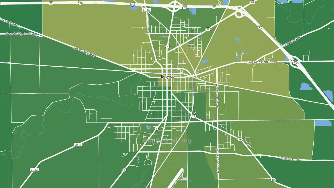 Bucyrus Commercial Historical District, Bucyrus, OH Map of Vehicle Theft Rates