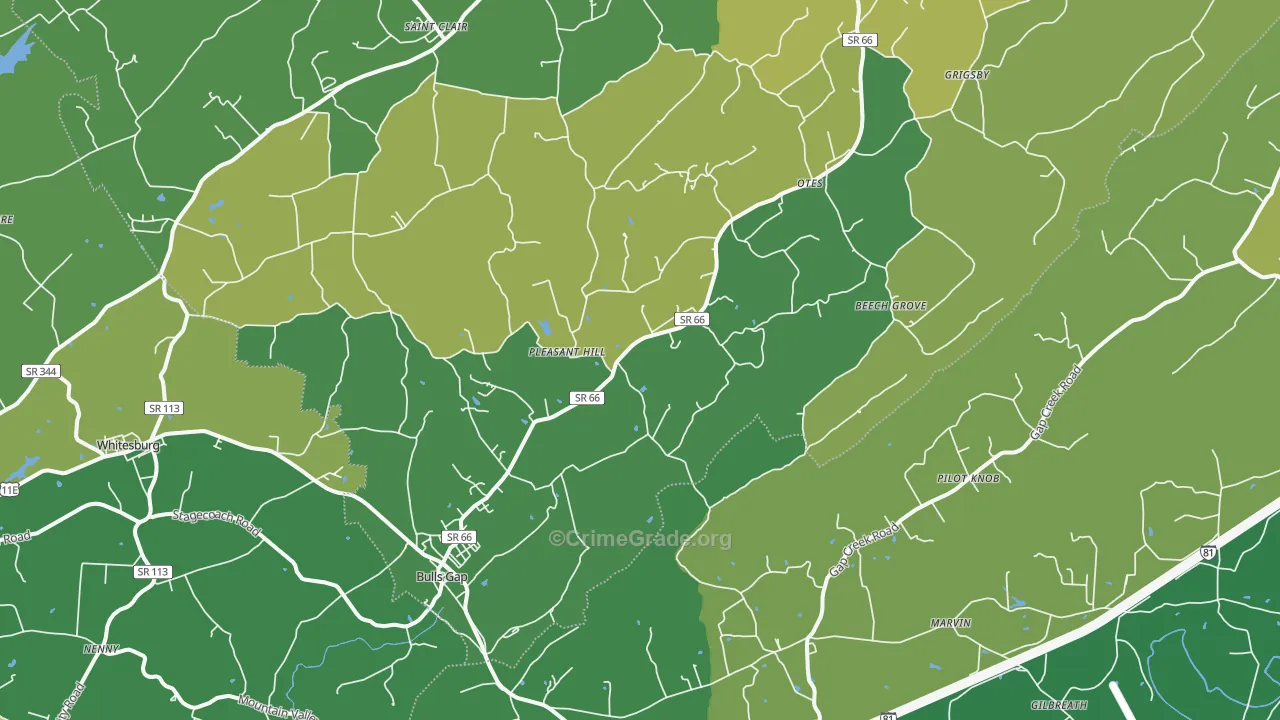 Bulls Gap, TN Map of Vehicle Theft Rates