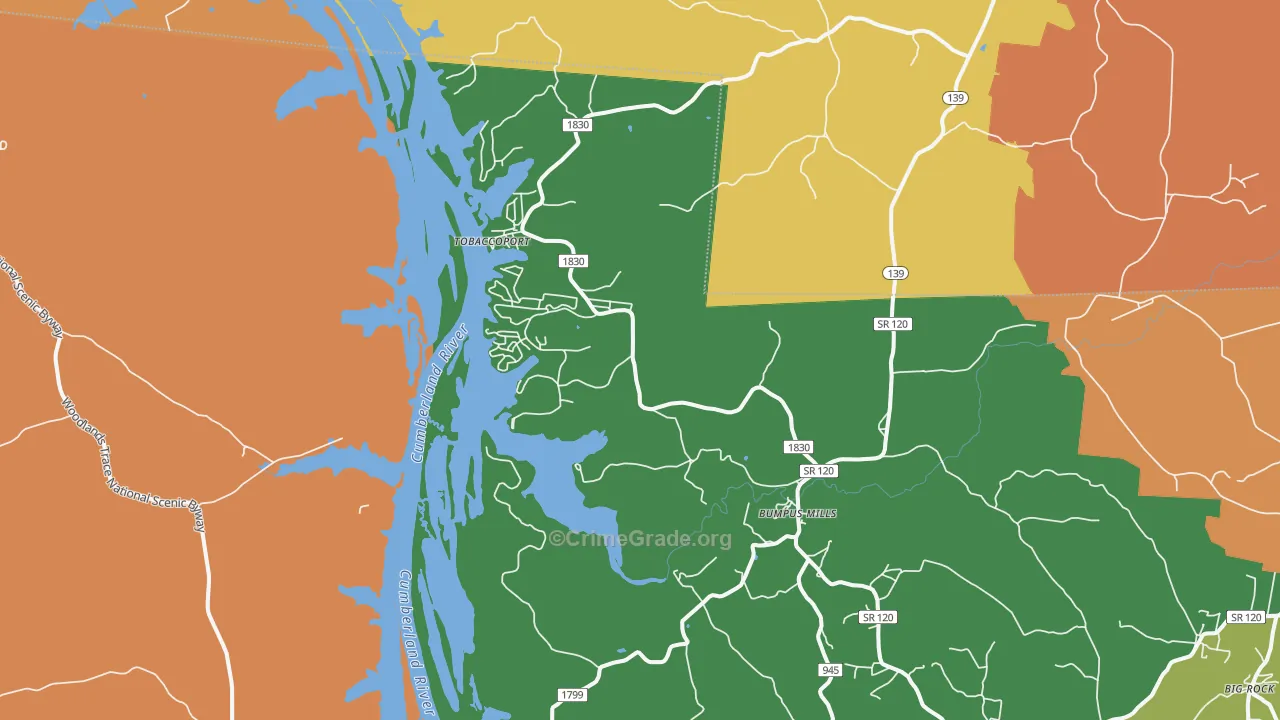 Bumpus Mills, TN Map of Vehicle Theft Rates