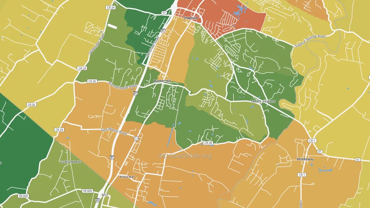Bunker Hill, WV Map of Vehicle Theft Rates