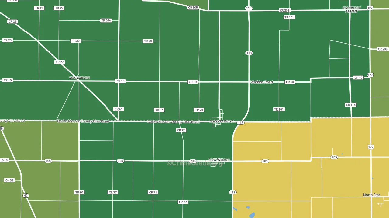 Burkettsville, OH Map of Vehicle Theft Rates