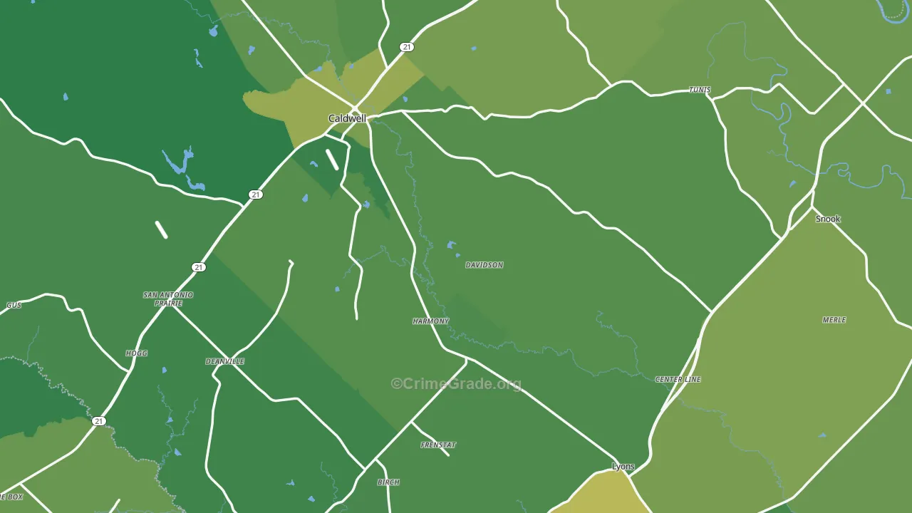 Burleson County, TX Map of Vehicle Theft Rates