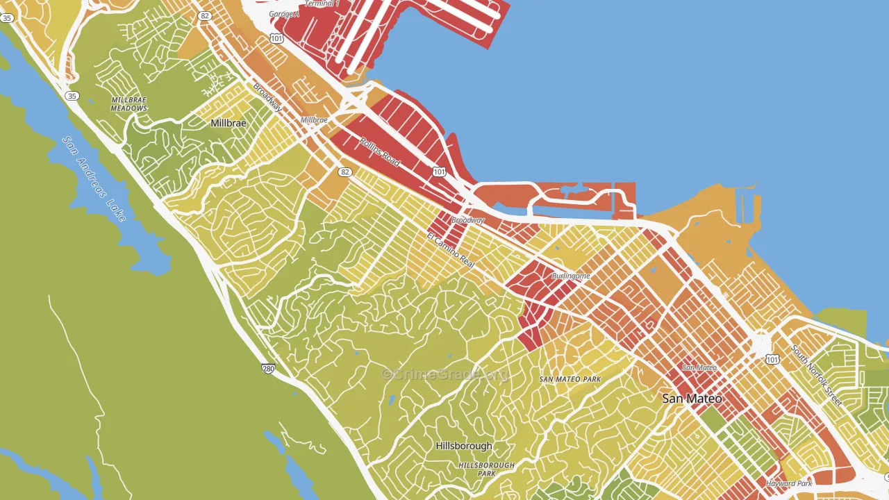Burlingame, CA Map of Vehicle Theft Rates