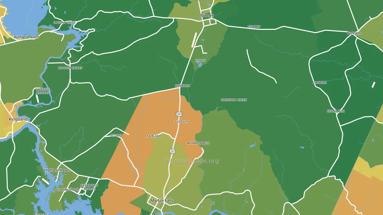 Burnet County, TX Map of Vehicle Theft Rates