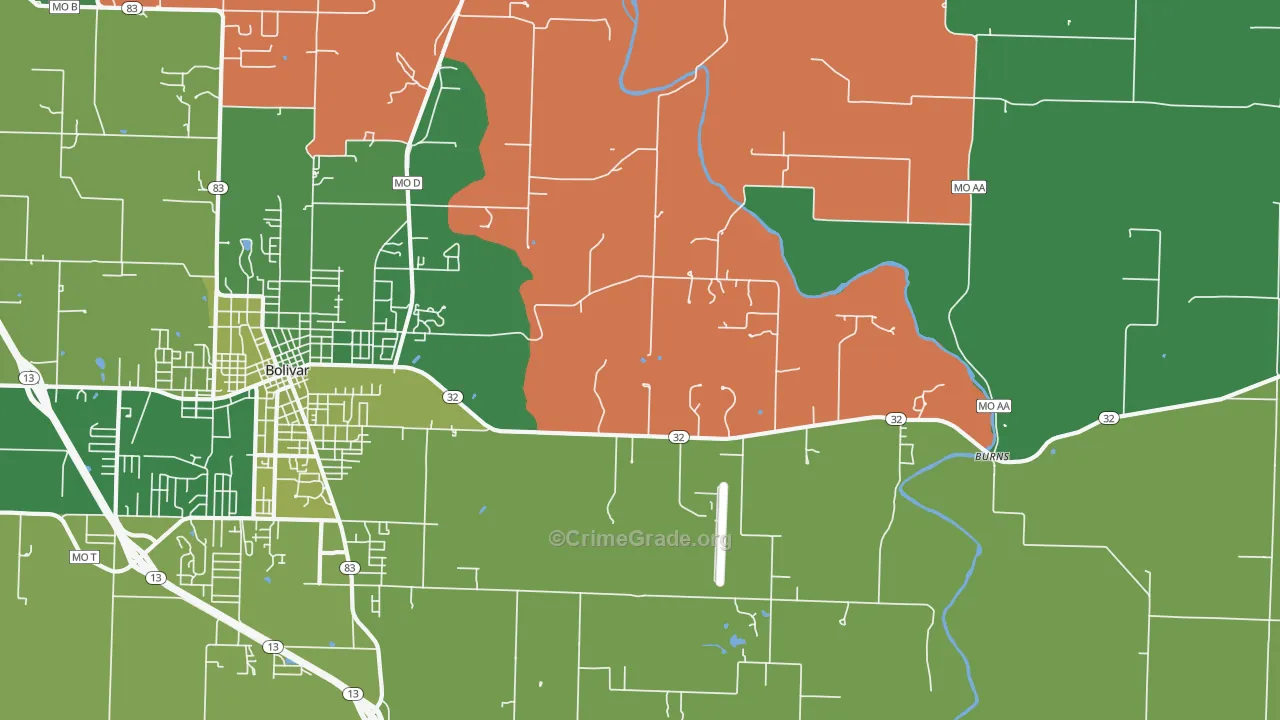 Burns, MO Map of Vehicle Theft Rates